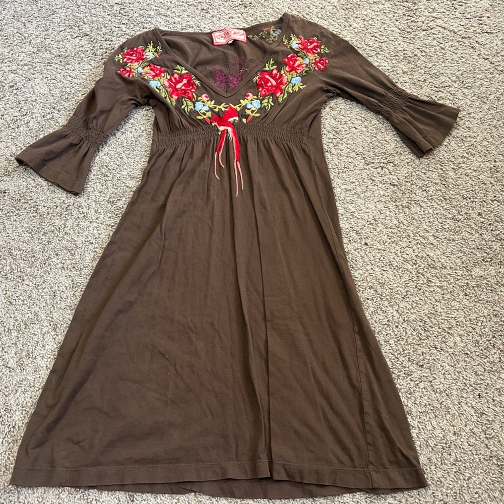 Johnny Was Brown Midi Dress Red Pink Floral Embroidery Bird Women's Size Small